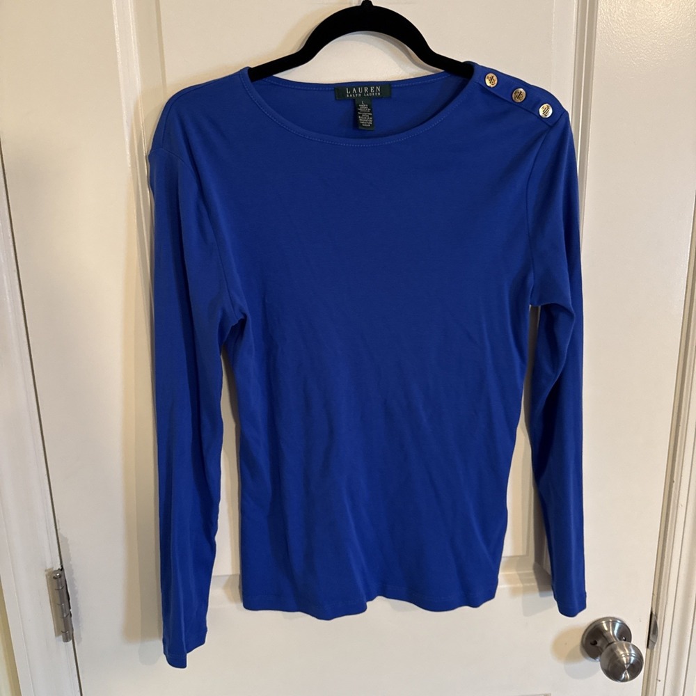 Lauren Ralph Lauren Royal Blue Boatneck LS T Shirt Sz Large W Gold Buttons